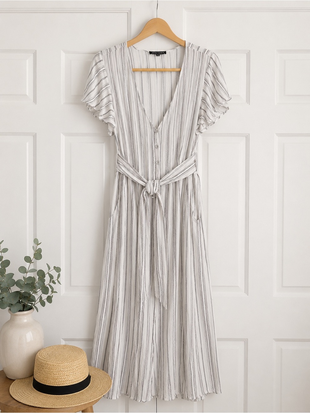 Cotton Candy Gray and White Striped V-Neck Tie-Waist Jumpsuit